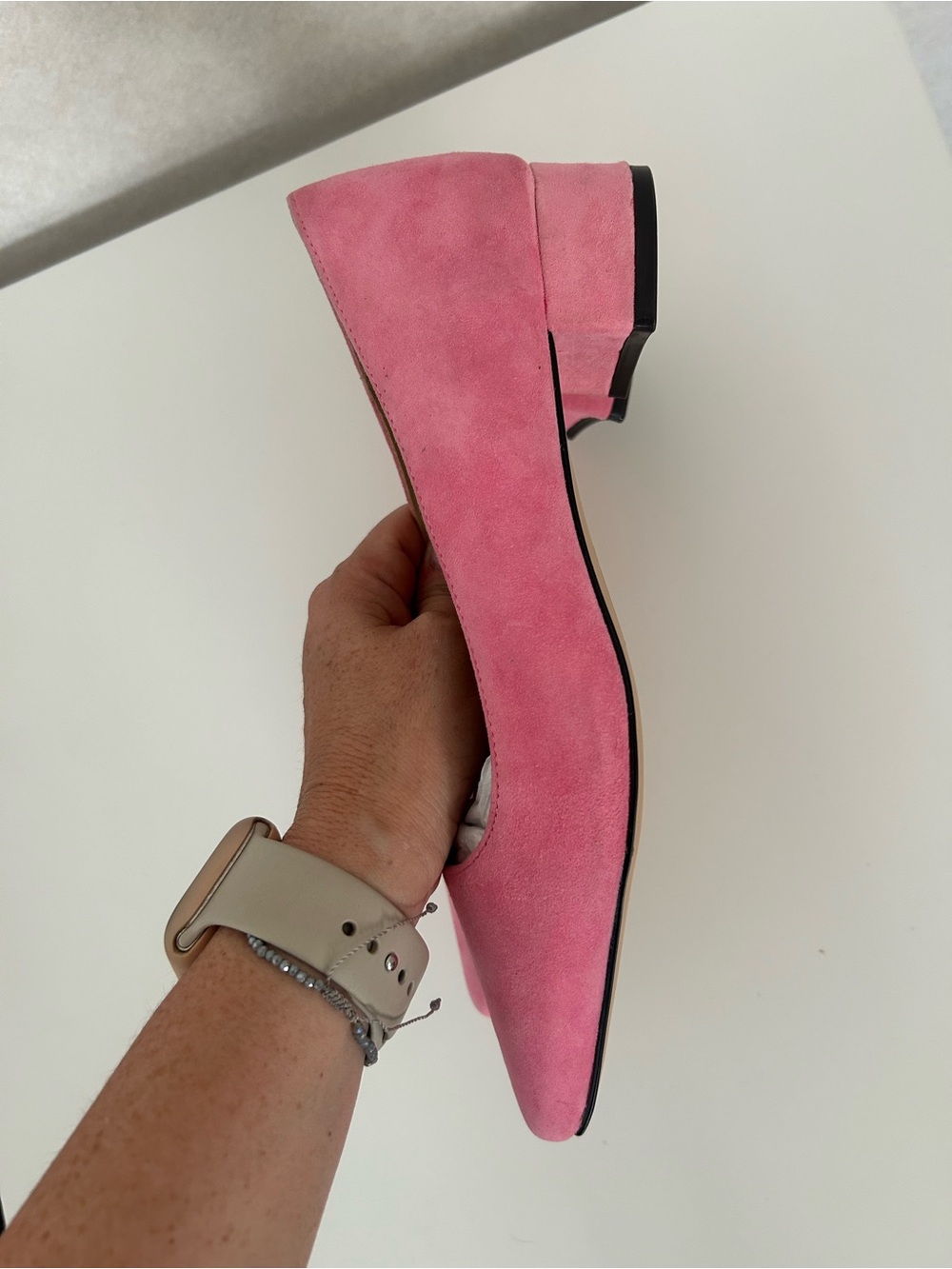 J.Crew NEW Pointed-toe pumps Suede Block Heel Leather Shoes Size 7 Aurora Pink - Picture 5 of 6